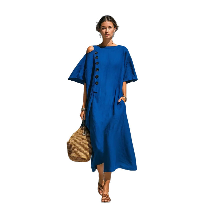 Damen Oversize-Langarmkleid mit asymmetrischem Ausschnitt und Knopfdetail Drune
