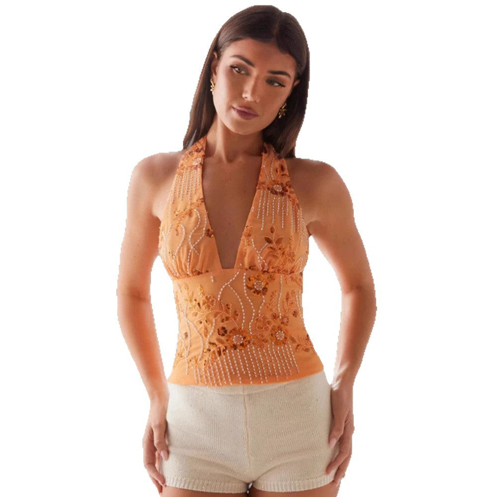 Damen Haltertops mit floralem Design und schimmernden Applikationen Drune