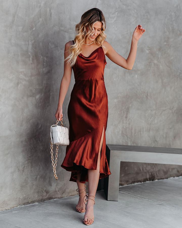 Damen Satin-Midikleid mit elegantem Wasserfall-Ausschnitt und schwingendem Saum Drune