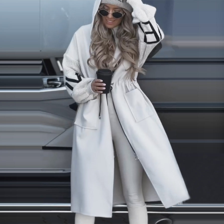 Damen Modische Longjacke mit Kapuze und Taschen Drune