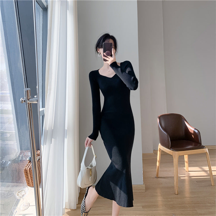 Damen_maximaler_Rippenstrick_Midi-Kleid_Drune