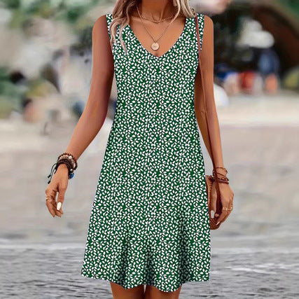 Damen ärmelloses Sommerkleid mit V-Ausschnitt und Knopfleiste Drune