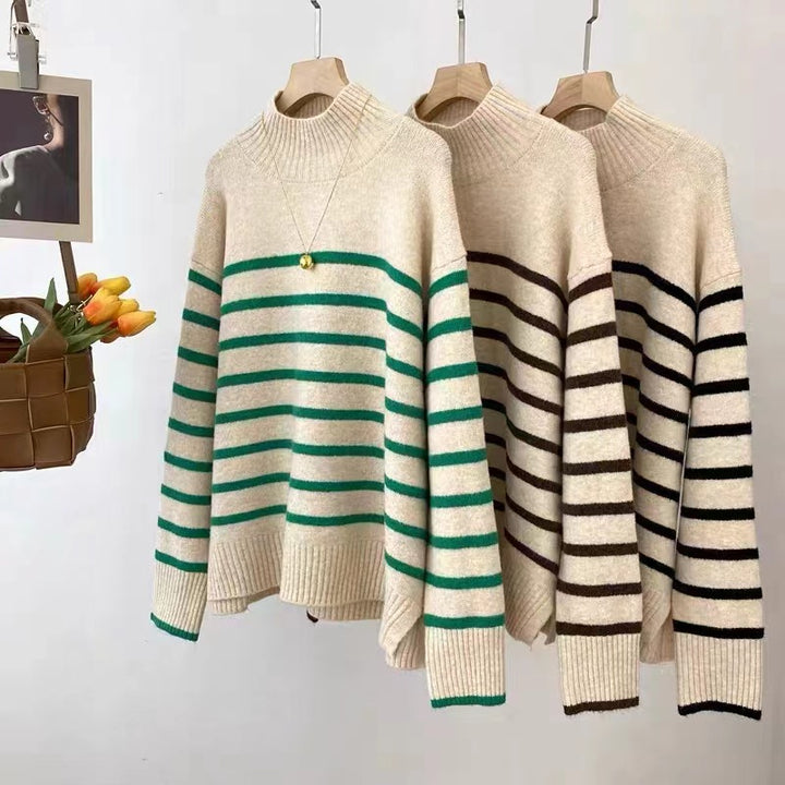 Damen Lässiger Strickpullover mit geringelten Design Drune