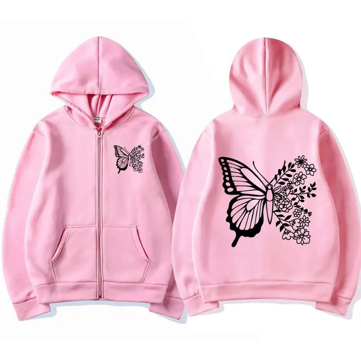 Damen Kapuzenpullover mit floralem Schmetterlingsmotiv und praktischer Kängurutasche Drune