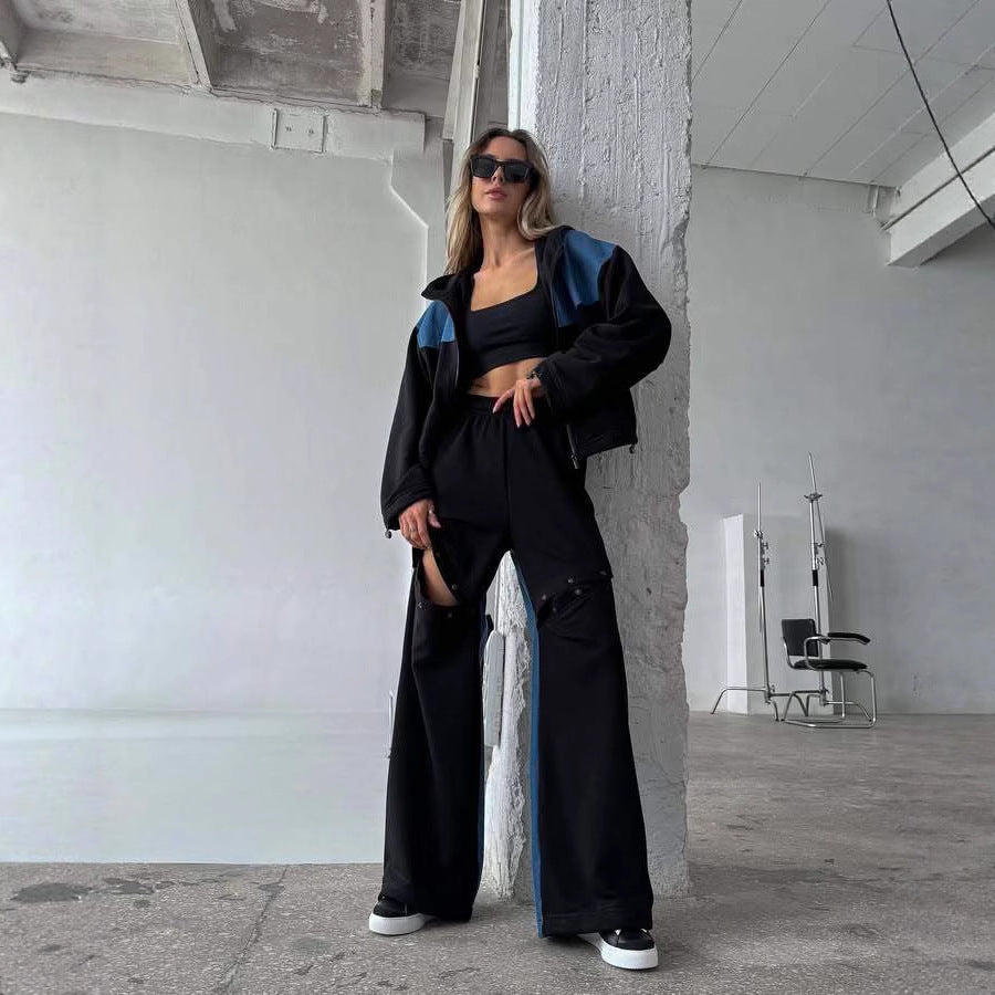 Damen lässiges sportliches Set mit weiten Hosen und Reihe von besonderen Details Drune
