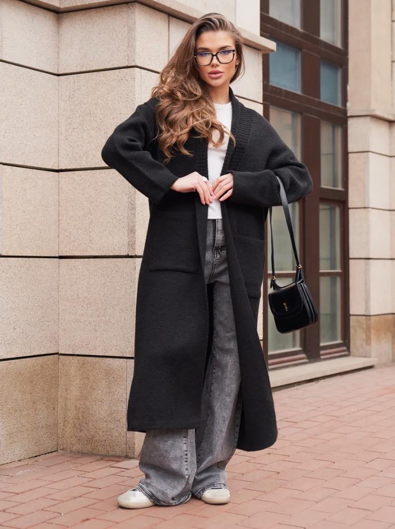 Damen Strickmantel mit tiefem V-Ausschnitt und großen Taschen Drune