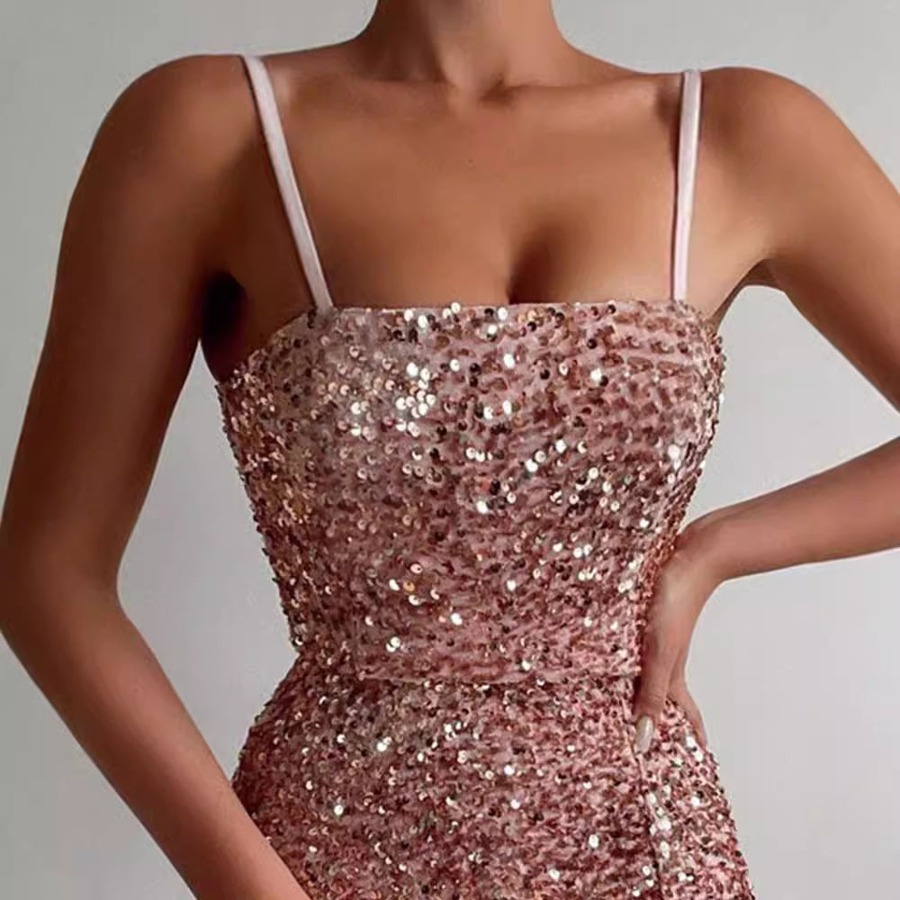 Damen Glamouröses Pailletten-Kleid mit Schlitzen und Spaghetti-Trägern Drune