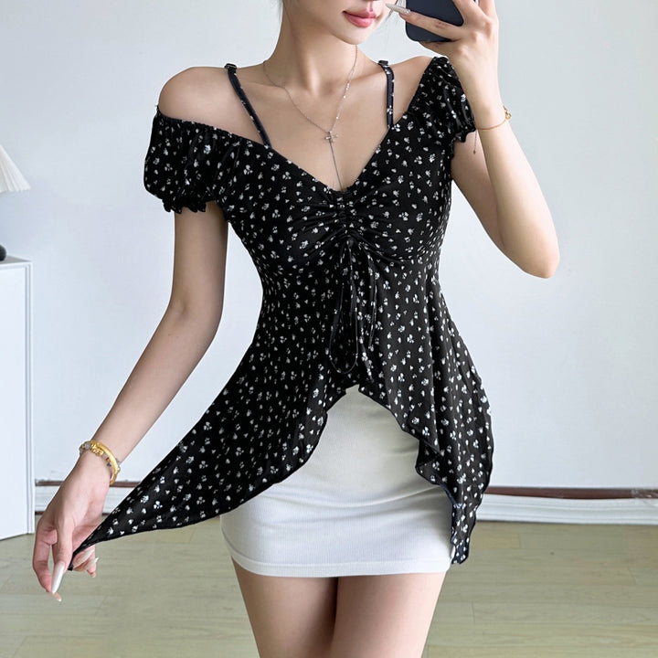 Damen Off-Shoulder-Oberteil mit süßem Blumenmuster und Raffung Drune