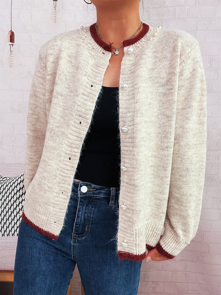 Damen edle Strickjacke mit dekorativen Knopfdetails und Perlenverzierungen Drune