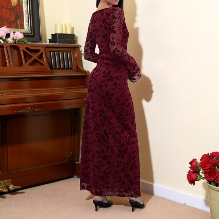 Damen elegantes Maxikleid mit floralen Applikationen und transparenten Ärmel Drune