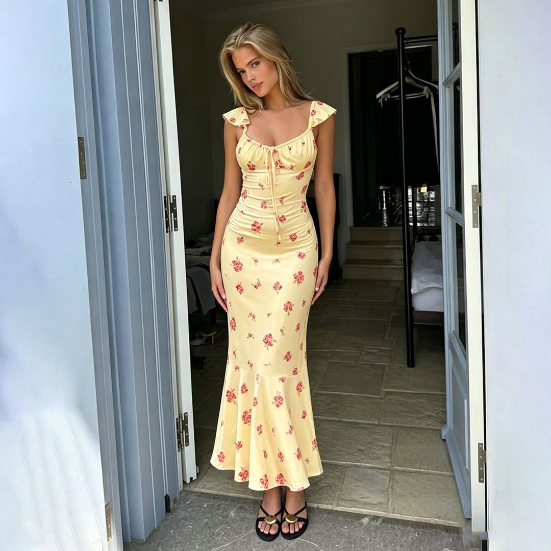 Damen Maxikleid mit Rüschensaum und floralem Muster Drune