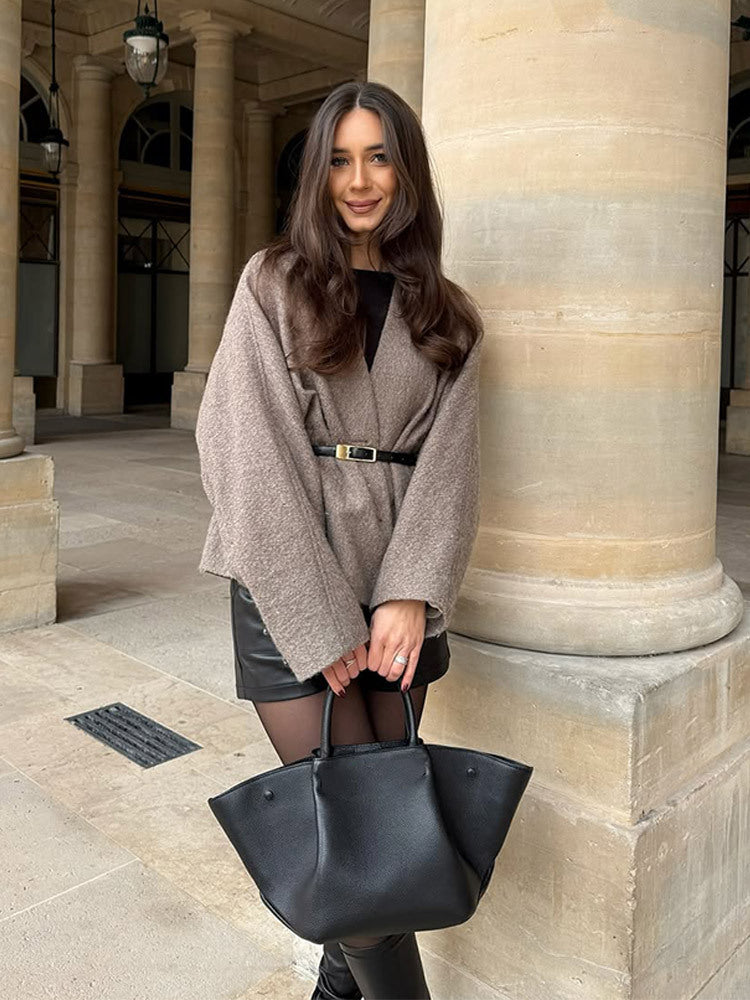 Damen Oversized Wolljacke mit Gürtel und weiten Ärmeln Drune