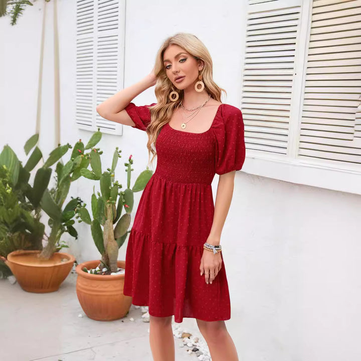 Damen luftiges Shirtkleid mit Puffärmeln und Rüschensaum Drune