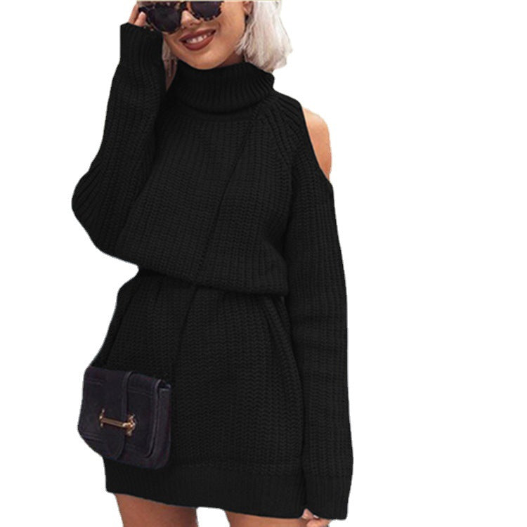 Damen Strickkleid mit innovativem Off-Shoulder-Design und hohem Kragen Drune