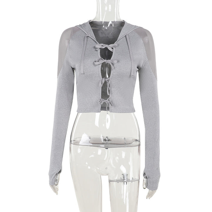 Damen sportliches cropped Oberteil mit Kapuze und raffinierten Riemchen Drune
