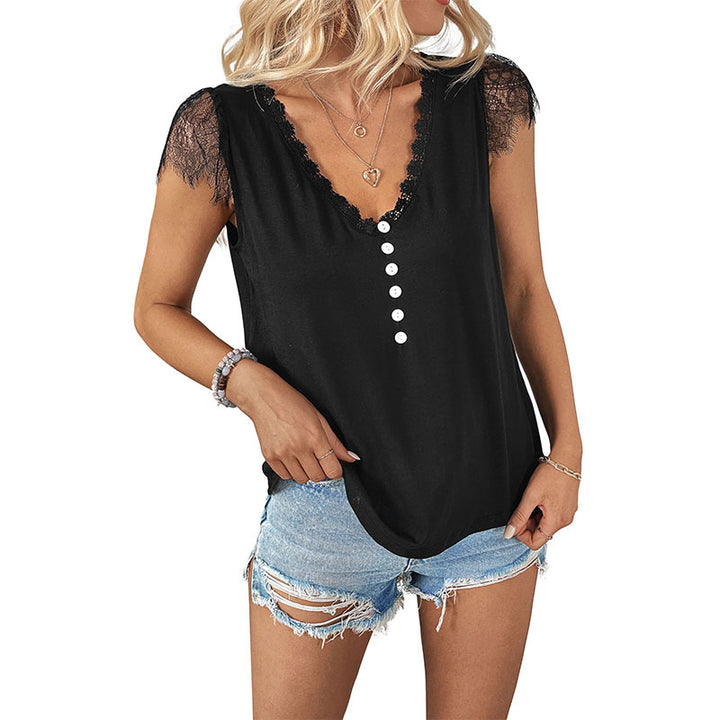 Damen Spitzen-Top mit V-Ausschnitt und Knopfdetail Drune