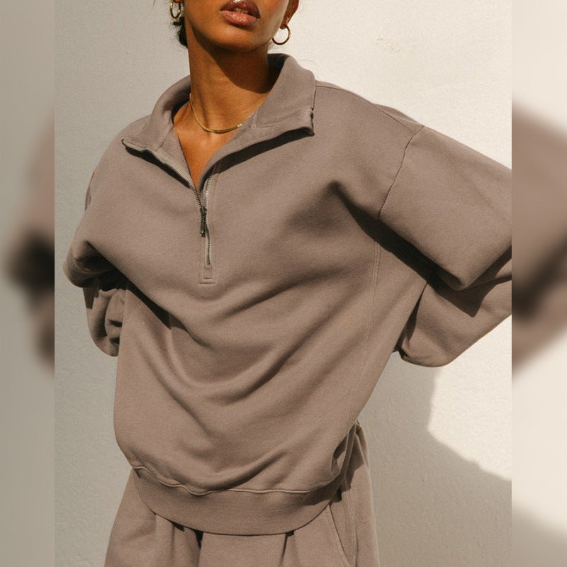 Damen lässiger Zip-Pullover mit hohem Kragen und weitem Schnitt Drune