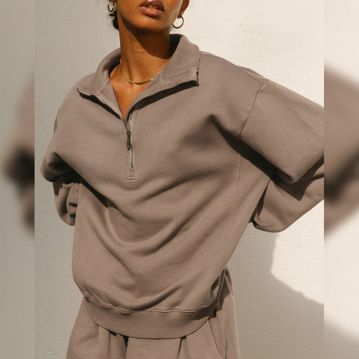 Damen lässiger Zip-Pullover mit hohem Kragen und weitem Schnitt Drune