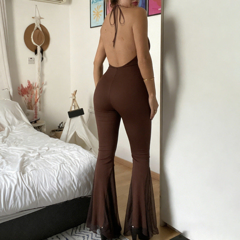 Damen Figurbetonter Overall mit tiefem V-Ausschnitt und weiten Beinen Drune