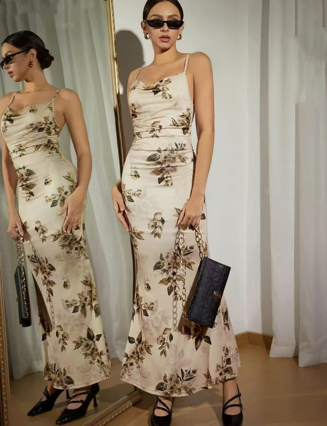Damen Elegantes Maxikleid mit floralem Dekor und Raffungen Drune