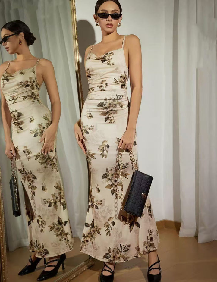 Damen Elegantes Maxikleid mit floralem Dekor und Raffungen Drune