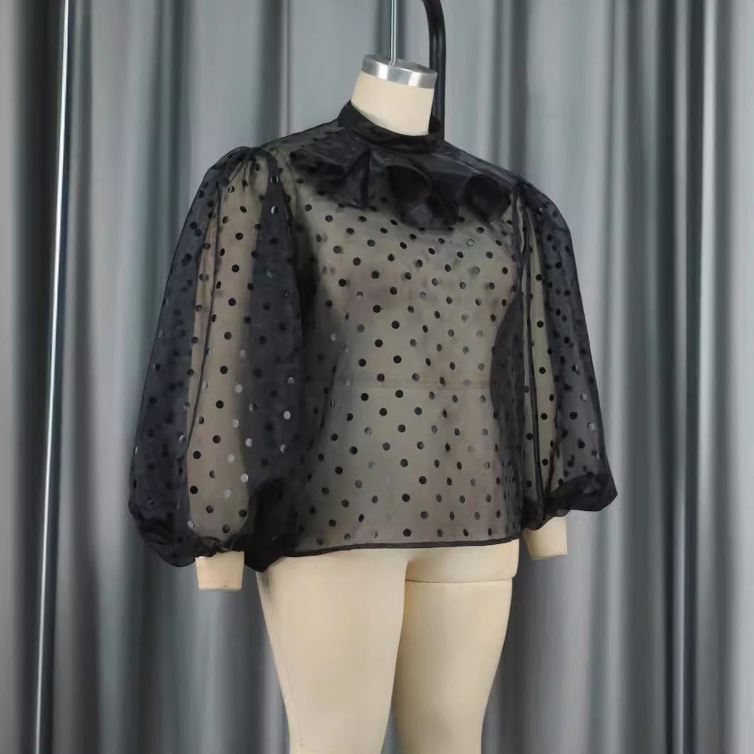 Damen Bluse mit voluminösen Puffärmeln und Polka-Dots Drune