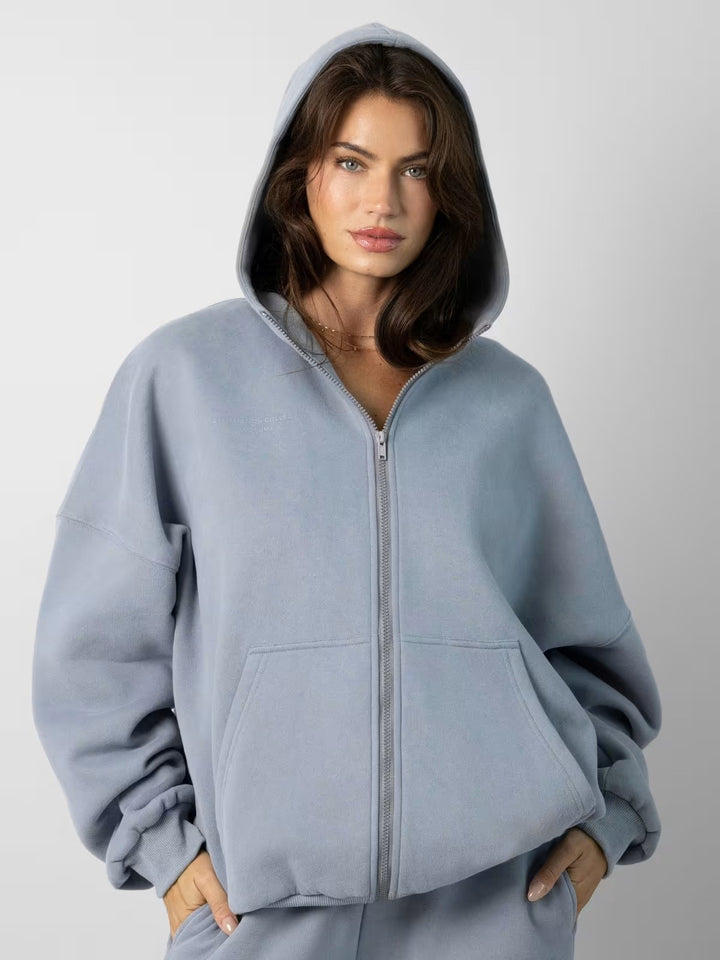 Damen sportliches Fleece-Hoodie-Set mit Reißverschluss und weiten Hosen Drune