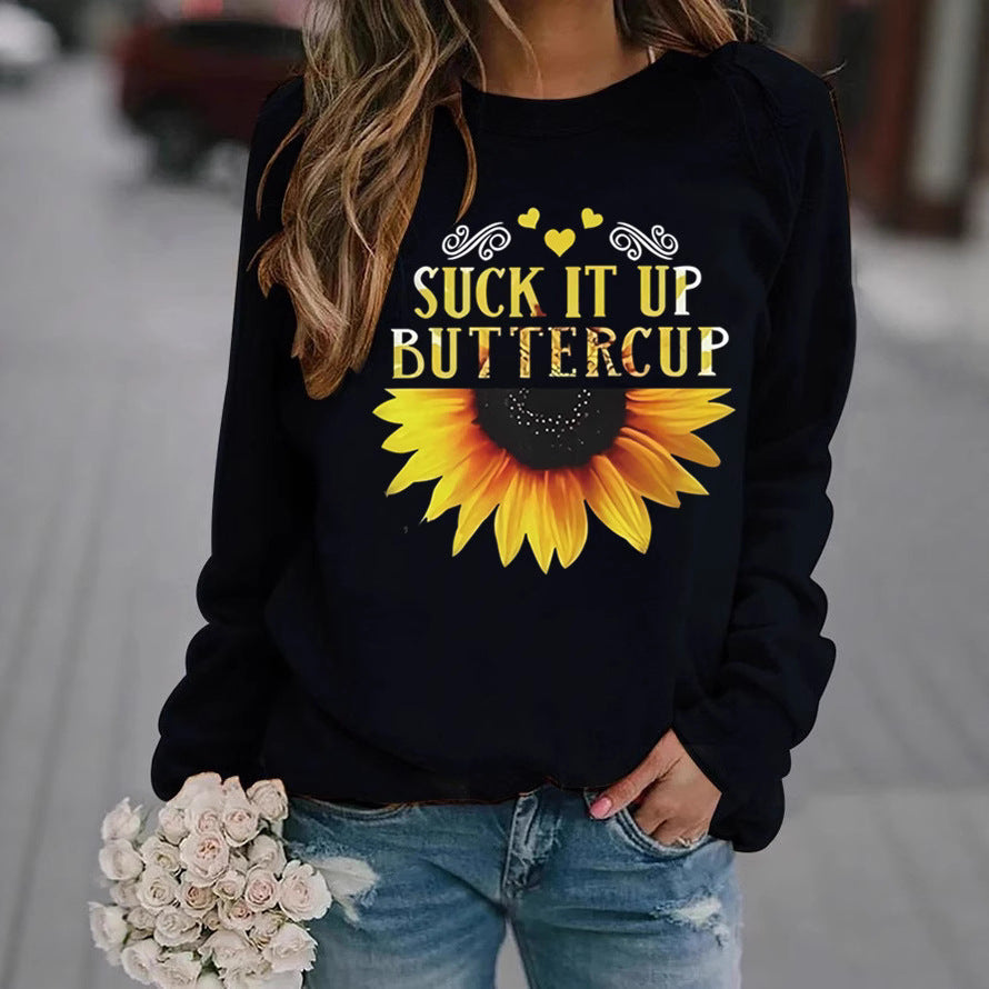 Damen Sweatshirt mit kreativem Sonnenblumenaufdruck und motivierendem Spruch Drune