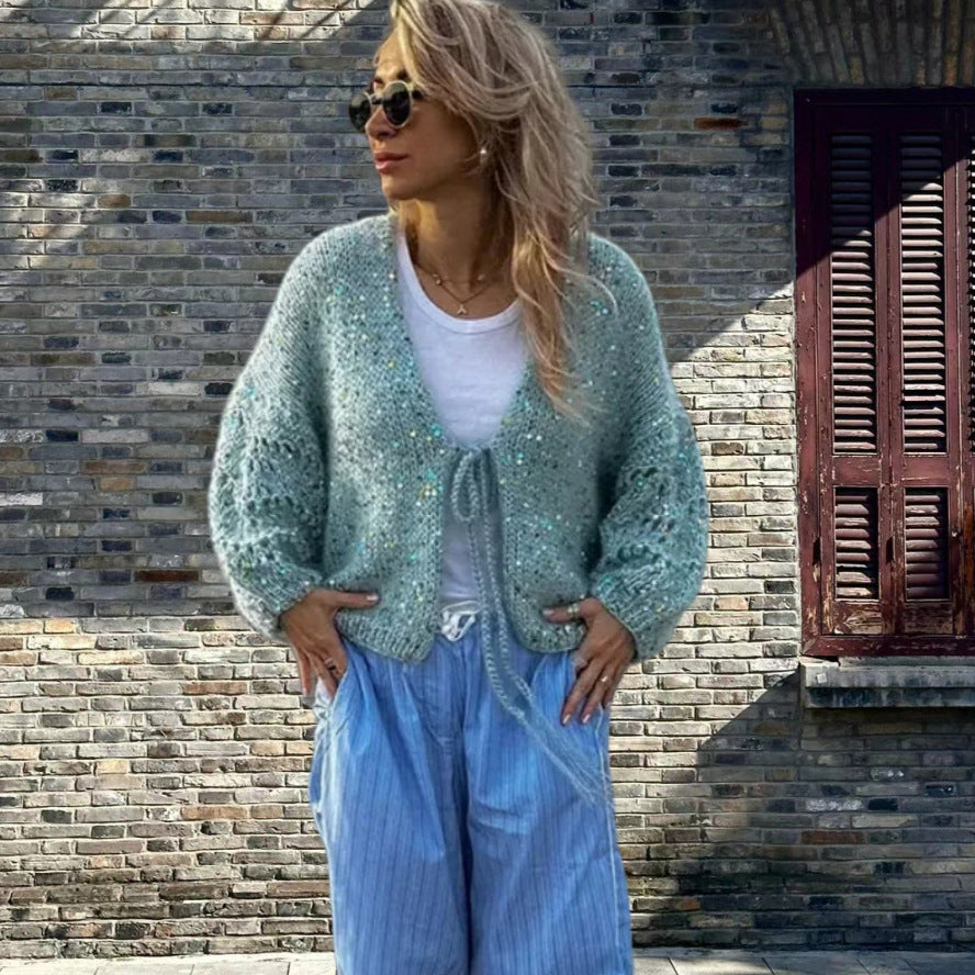 Damen Grobstrickjacke mit festlichem Knotendetail und weit geschnittenen Ärmeln Drune