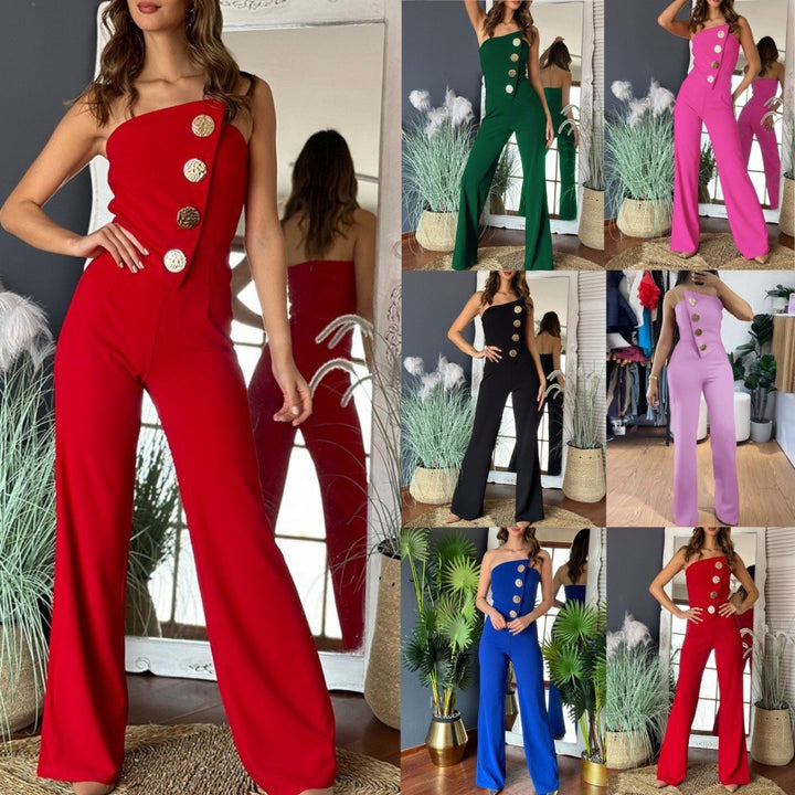 Damen Eleganter Jumpsuit mit schulterfreien Design und dekorativen Knöpfen Drune