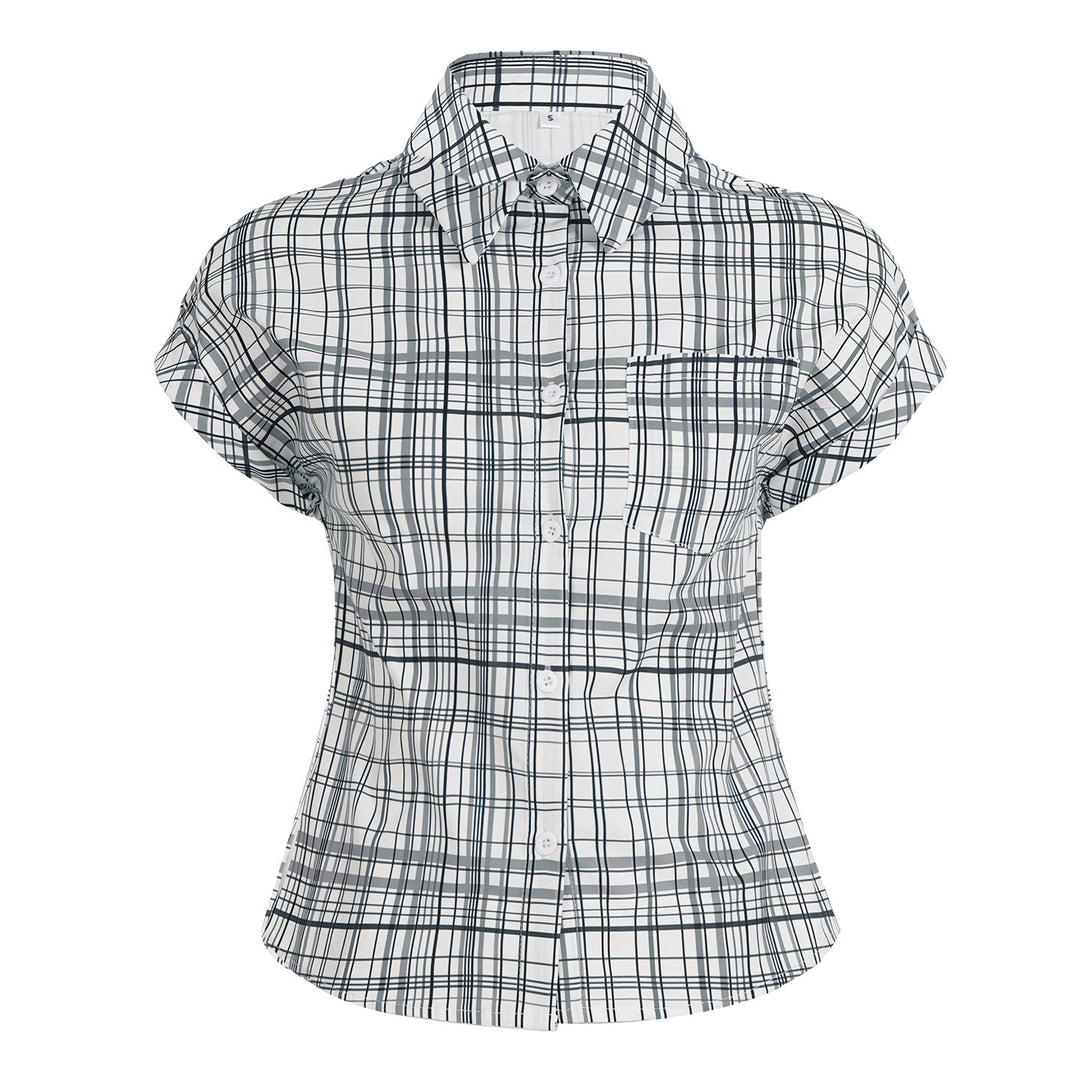 Damen Kurzarm-Karobluse mit tailliertem Schnitt und Knopfdetails Drune