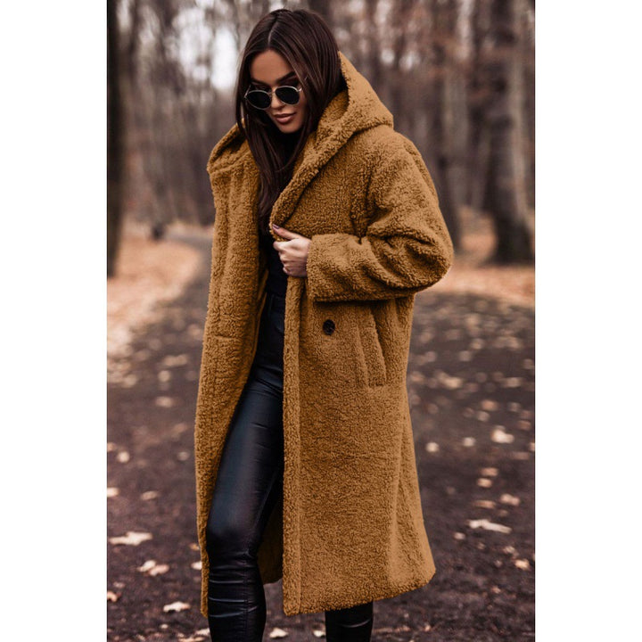Damen kuscheliger Fleece-Mantel mit Kapuze und praktischen Taschen Drune