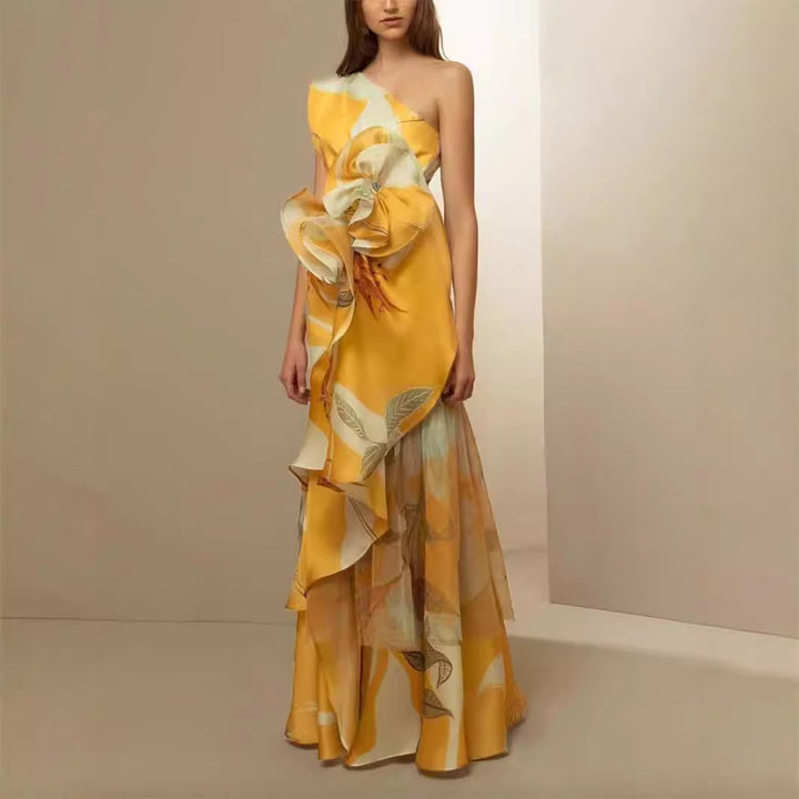 Damen Maxikleid mit asymmetrischem Schnitt und floralen Rüschenverzierungen Drune
