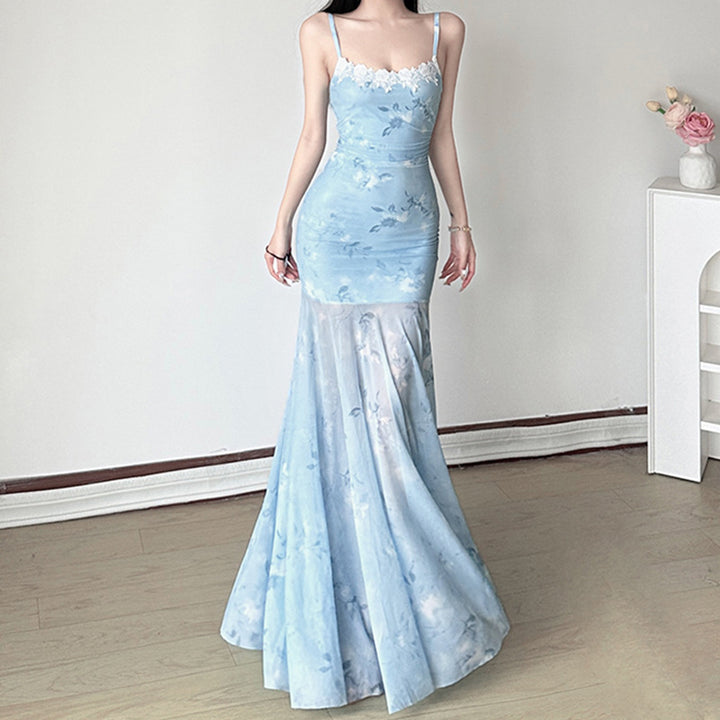 Damen Maxikleid mit floralem Druck und eleganter Spitzenborte Drune