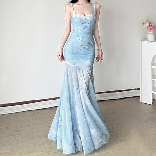 Damen Maxikleid mit floralem Druck und eleganter Spitzenborte Drune