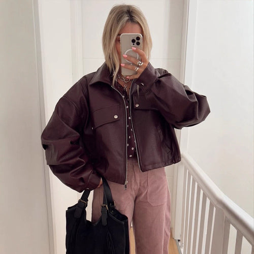 Damen lässige cropped Kunstlederjacke mit voluminösen Ärmeln Drune