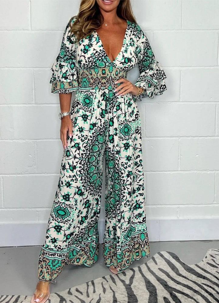 Damen Jumpsuit mit floralem Design und weit ausgestellten Ärmeln Drune