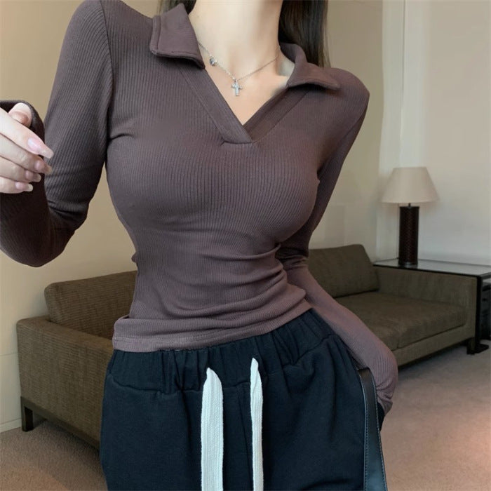 Damen Langarmshirt mit elegantem V-Ausschnitt und Rippstruktur Drune