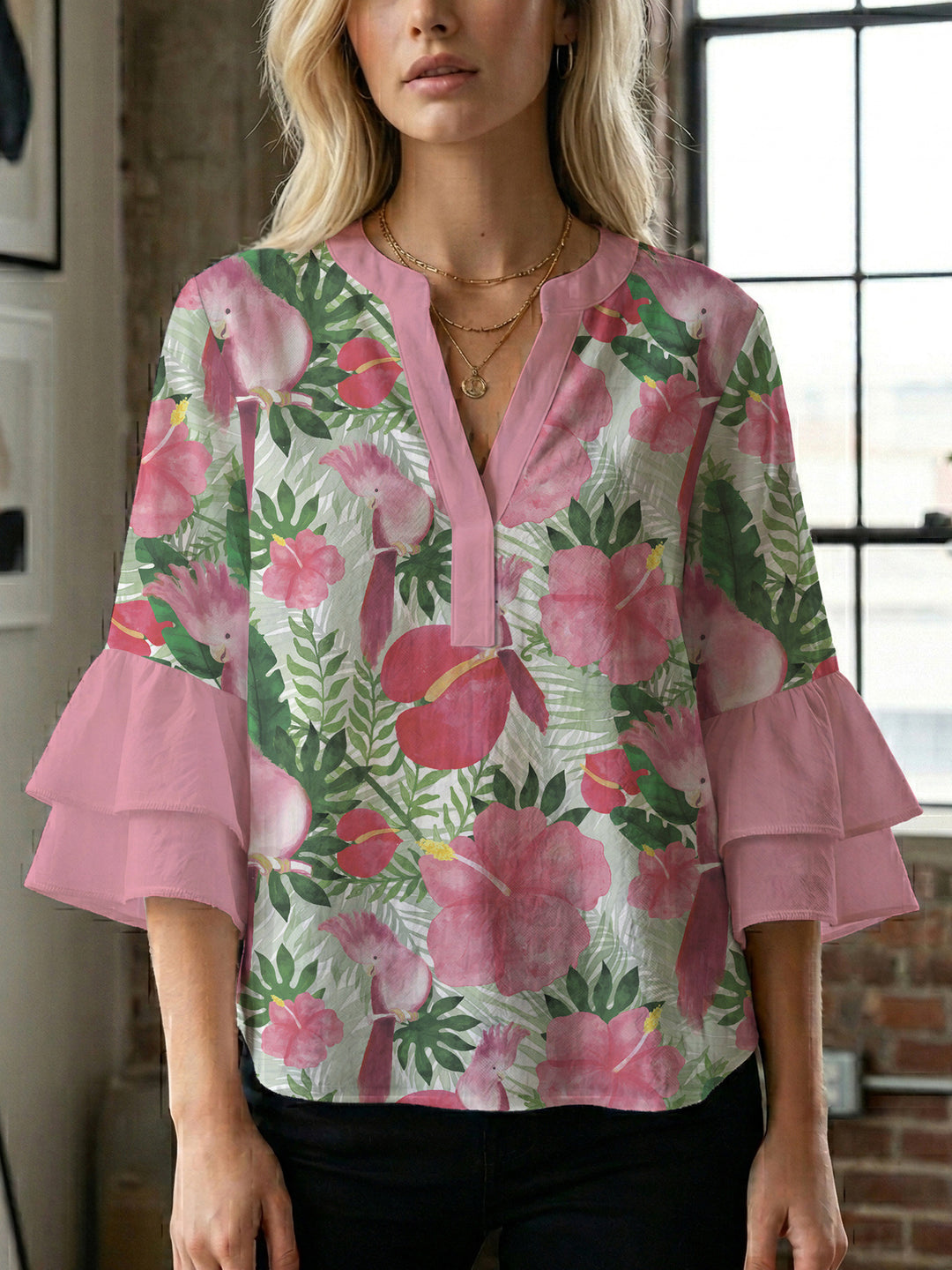 Damen Bluse mit voluminösen Rüschenärmeln und floralem Muster Drune