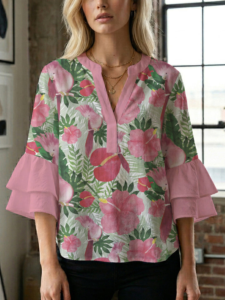Damen Bluse mit voluminösen Rüschenärmeln und floralem Muster Drune