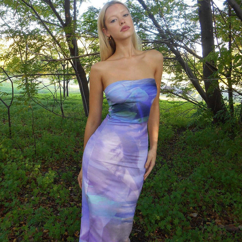 Damen Maxi Kleid mit schulterfreiem Design und fließendem Stoff Drune