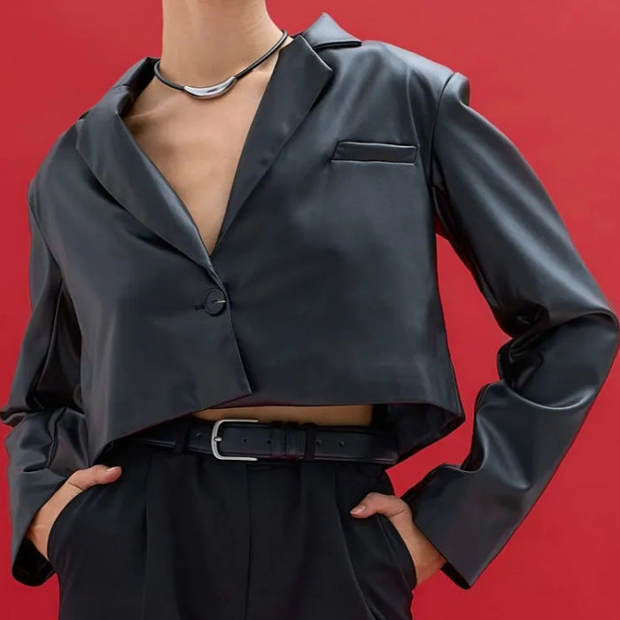 Damen lässige kurz geschnittene Kunstlederjacke Drune