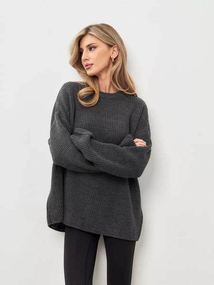 Damen lässiger Oversized-Strickpullover mit offenen Ärmelbündchen und leichtem Rippenmuster Drune