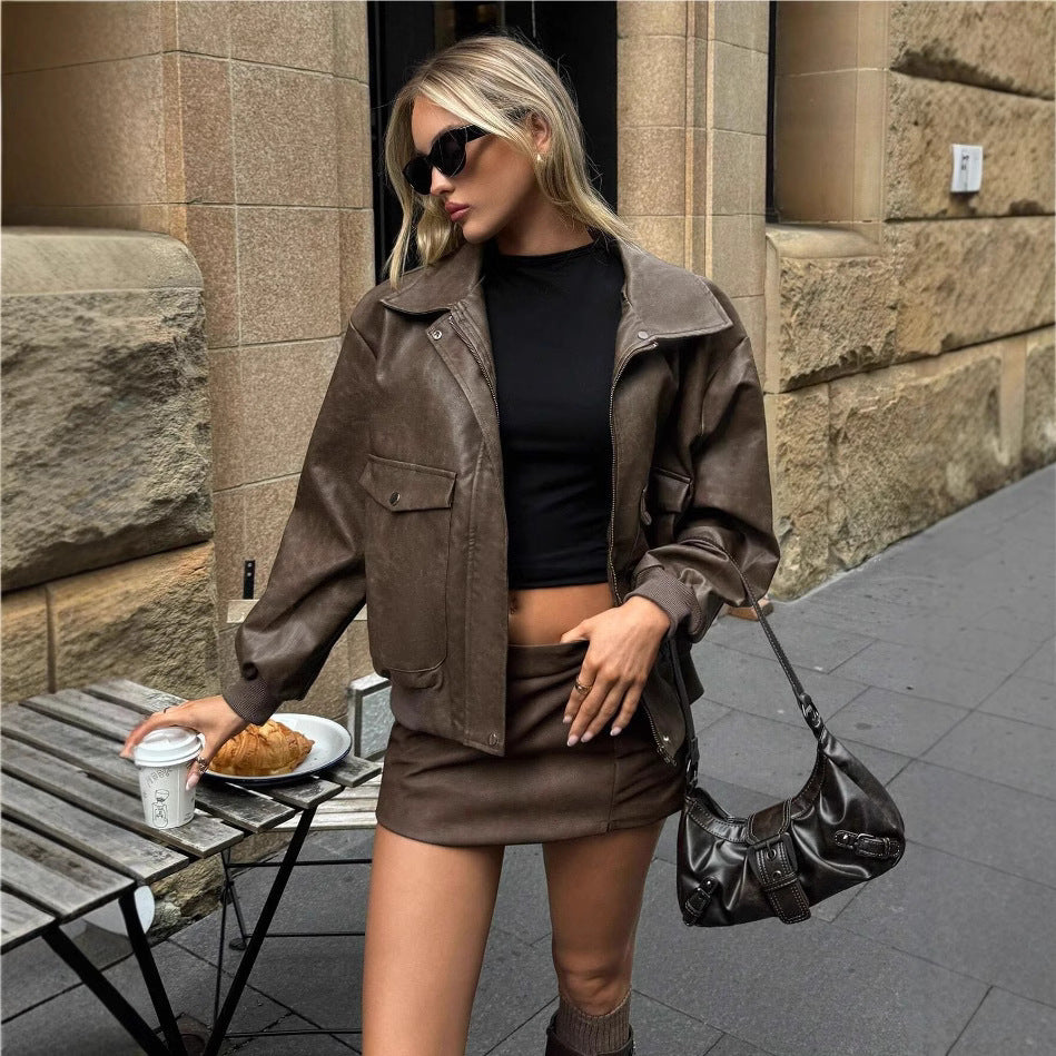 Damen Lässige und stylische Kunstlederjacke mit praktischen Taschen Drune