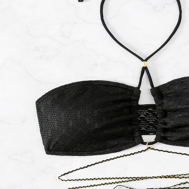Damen Bandeau-Bikini mit verstellbaren Bindebändern und goldenen Akzenten Drune
