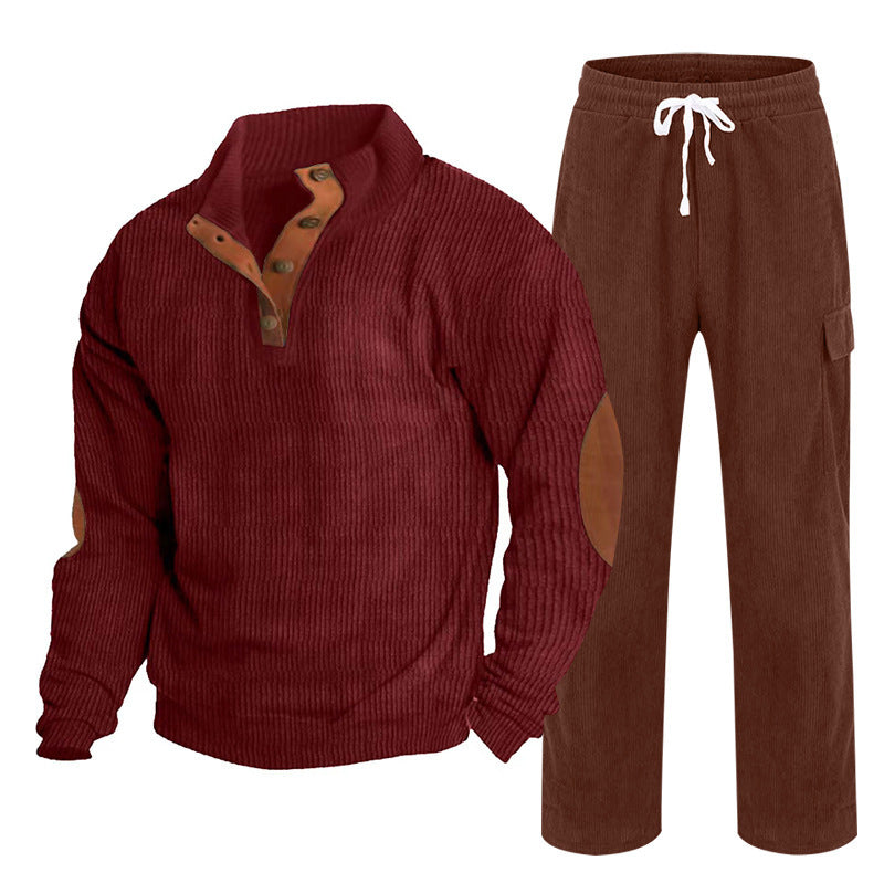 Herren nan Strick-Freizeitset mit Knopfleiste und Ellenbogenaufnähern sowie Cord-Cargohose Drune