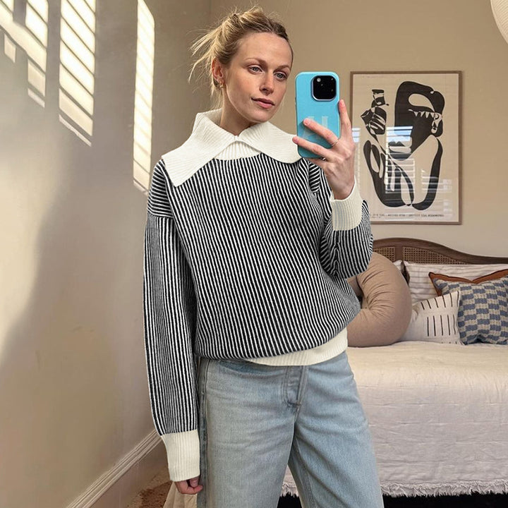 Damen Pullover mit modischem Streifenmuster und elegantem Kragen Drune