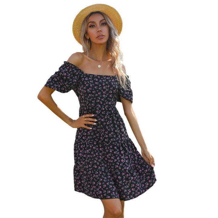 Damen Retro Blümchenkleid mit weiten Puffärmeln und voluminösem Rock Drune