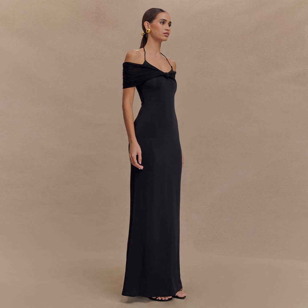 Damen Elegantes Maxi-Kleid mit schulterfreien Raffungen Drune