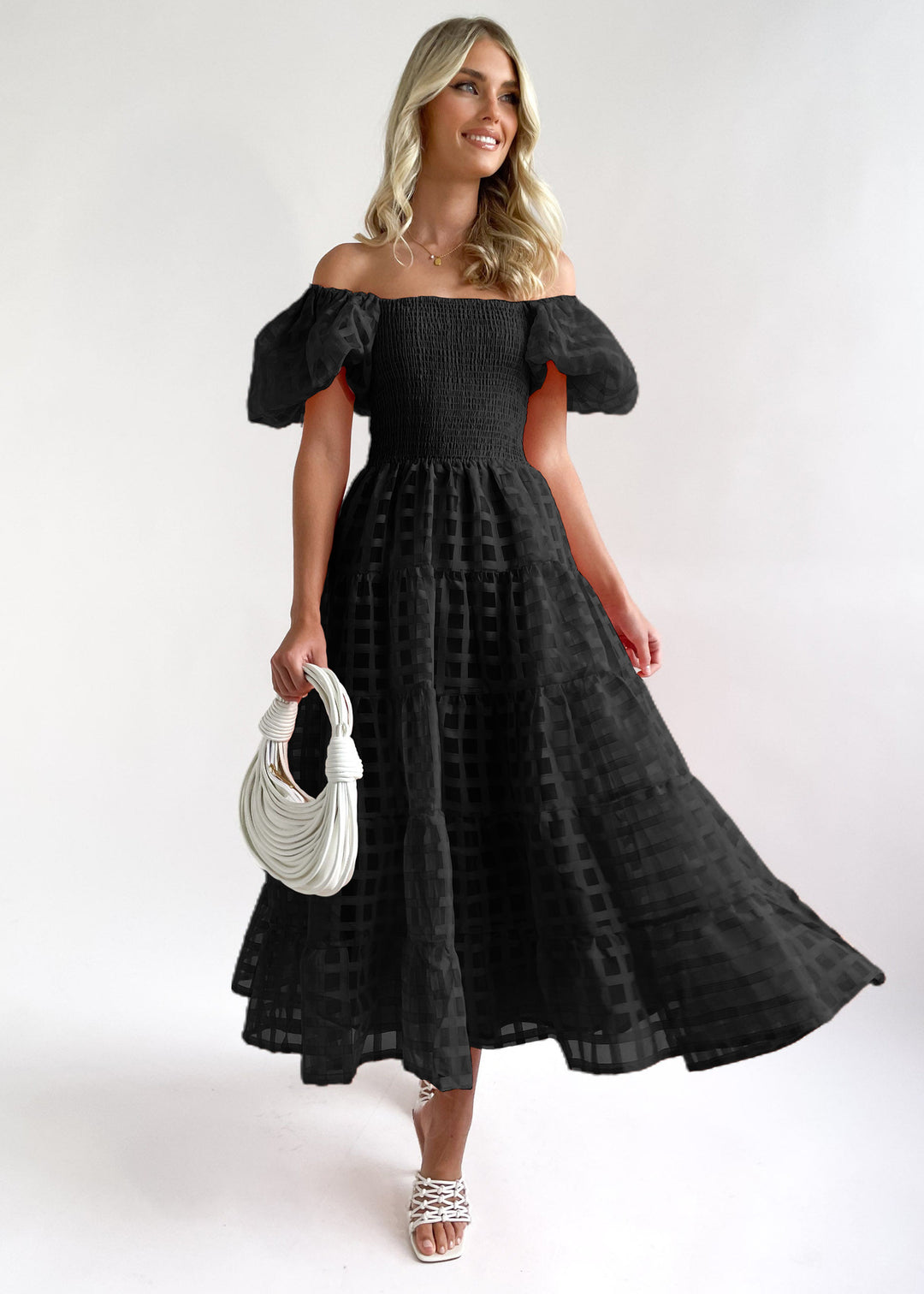 Damen Luftiges Maxikleid mit schwingendem Rock und voluminösen Puffärmeln Drune